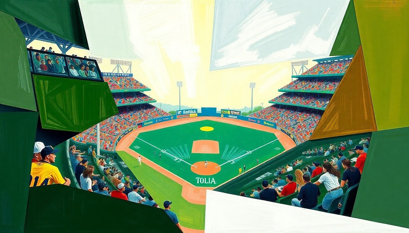 A fractured, multi-perspective painting depicting a baseball game, with sharp geometric planes in the school colors of Bowling Green and Toledo, conceptually representing the rivalry between the two teams.