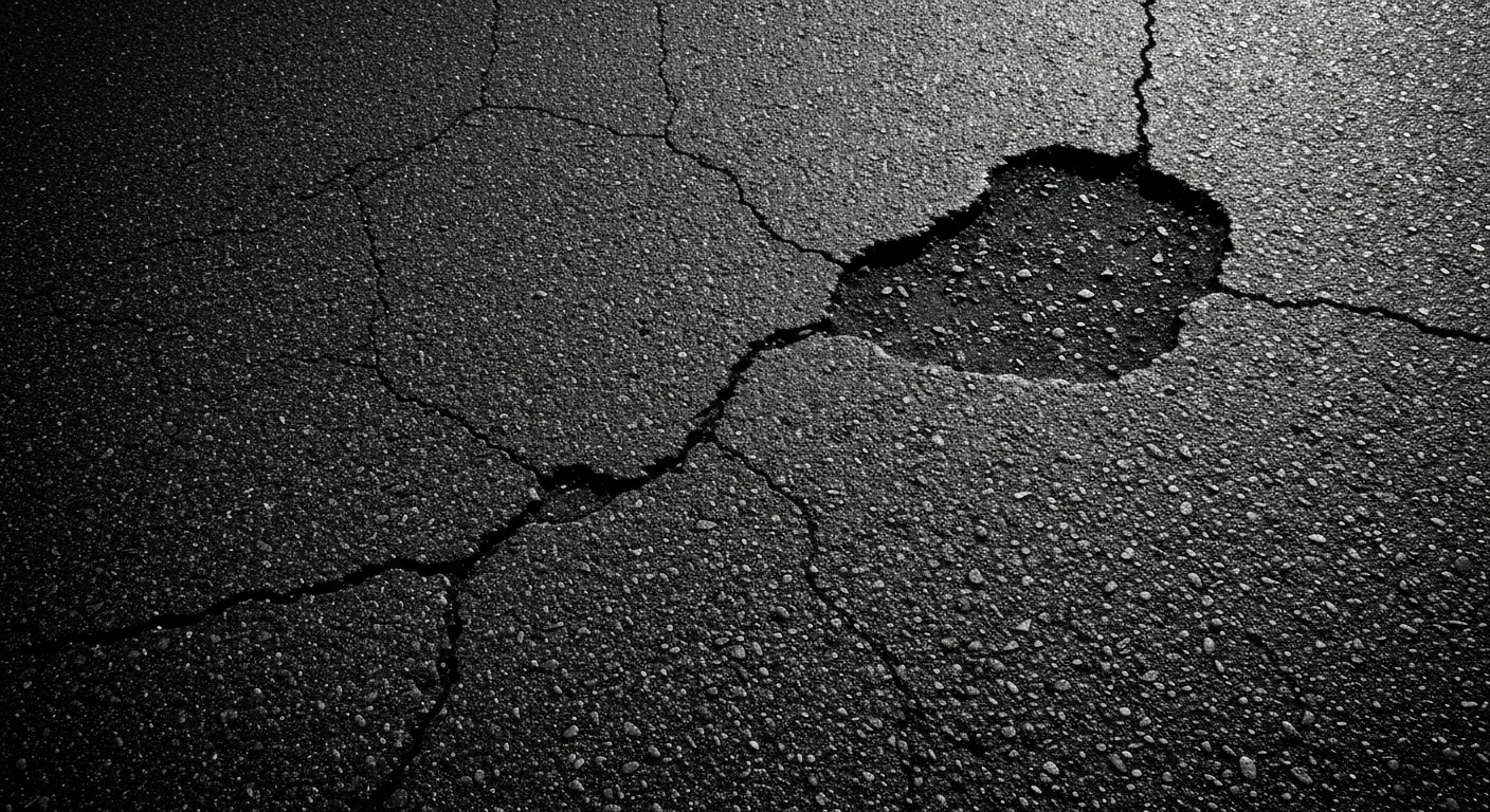An extreme close-up of the cracked and worn asphalt surface of a highway, conveying the need for resurfacing and road repairs.
