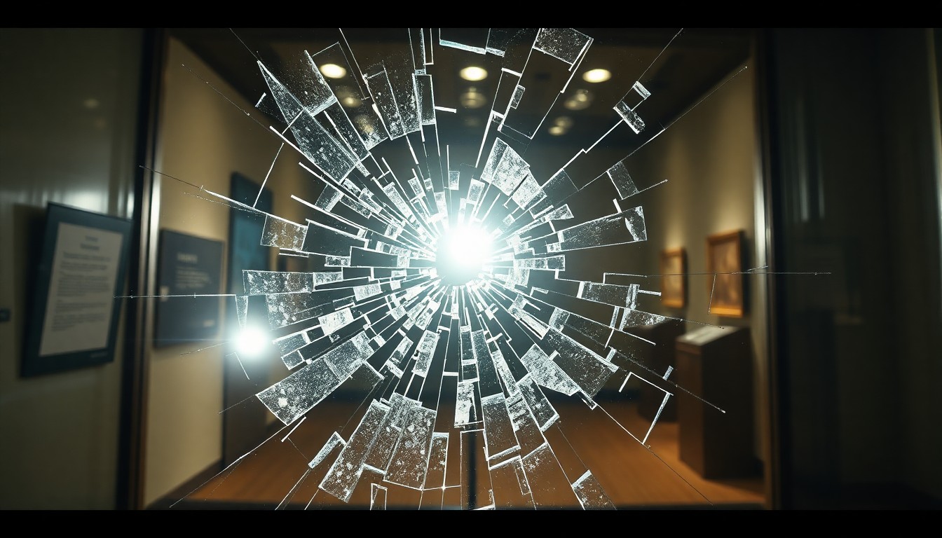 An extreme close-up photograph of a broken museum display case, the shattered glass reflecting a harsh camera flash, conceptually illustrating the aftermath of a burglary.