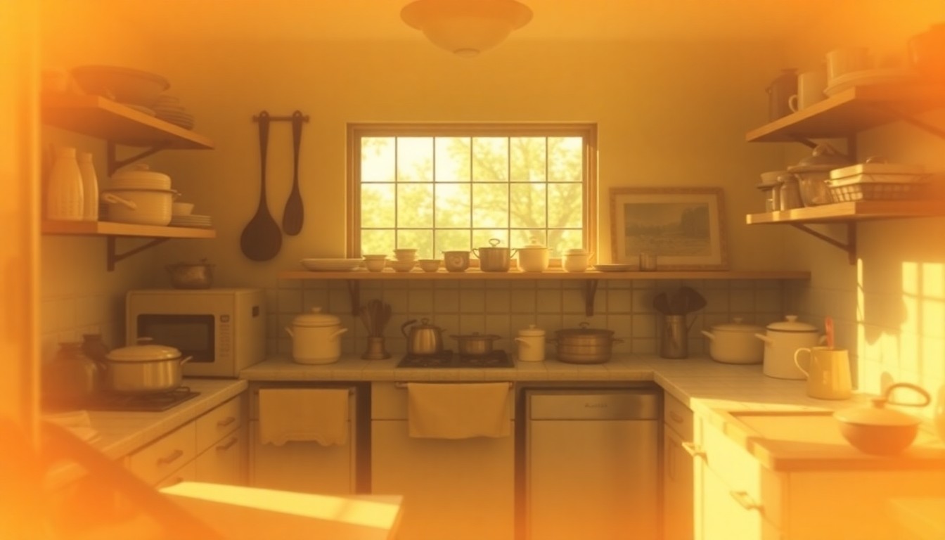 An abstract, out-of-focus photograph in warm, hazy tones depicting the interior of an old-fashioned kitchen, conceptually representing the museum's preservation of historical artifacts and narratives.