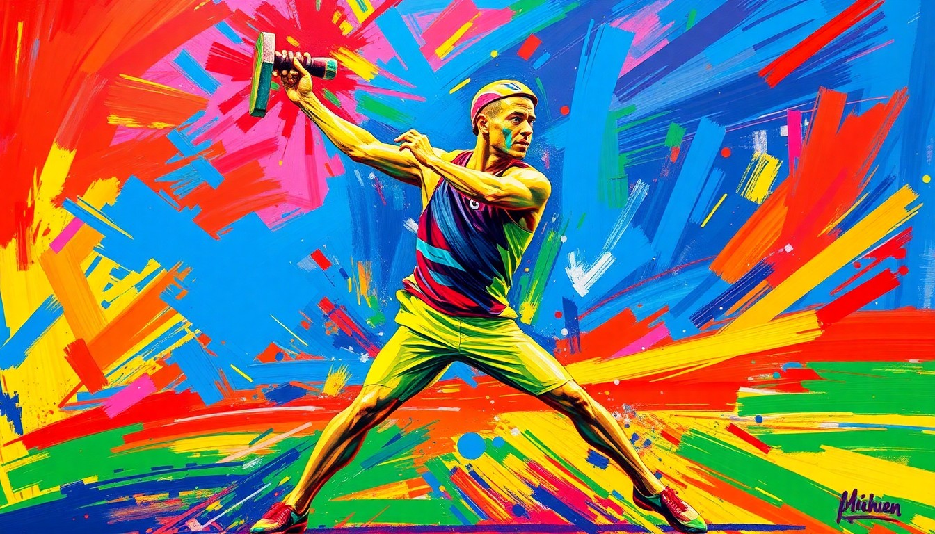 An abstract, energetic painting in neon colors depicting the dynamic motion and explosive power of a hammer thrower, conceptually representing the record-breaking performance of Texas A&M's Henry Zimmerman.