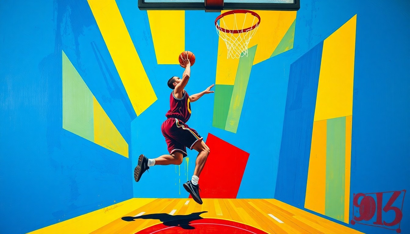 A fragmented, geometric painting depicting a basketball player driving to the hoop, his foot being stepped on by another player, the action broken down into sharp, overlapping planes of color.