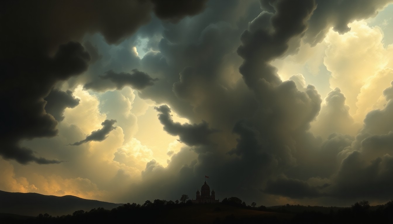 A sweeping, atmospheric landscape painting in muted tones of gray, blue, and gold, depicting a massive, swirling storm system dominating the sky above a small town or rural setting, with the physical structures below appearing insignificant in comparison to the overwhelming natural forces.
