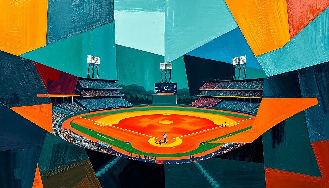A cubist, geometric painting depicting a fractured baseball game, with sharp overlapping planes of navy, green, and orange representing the action on the field.