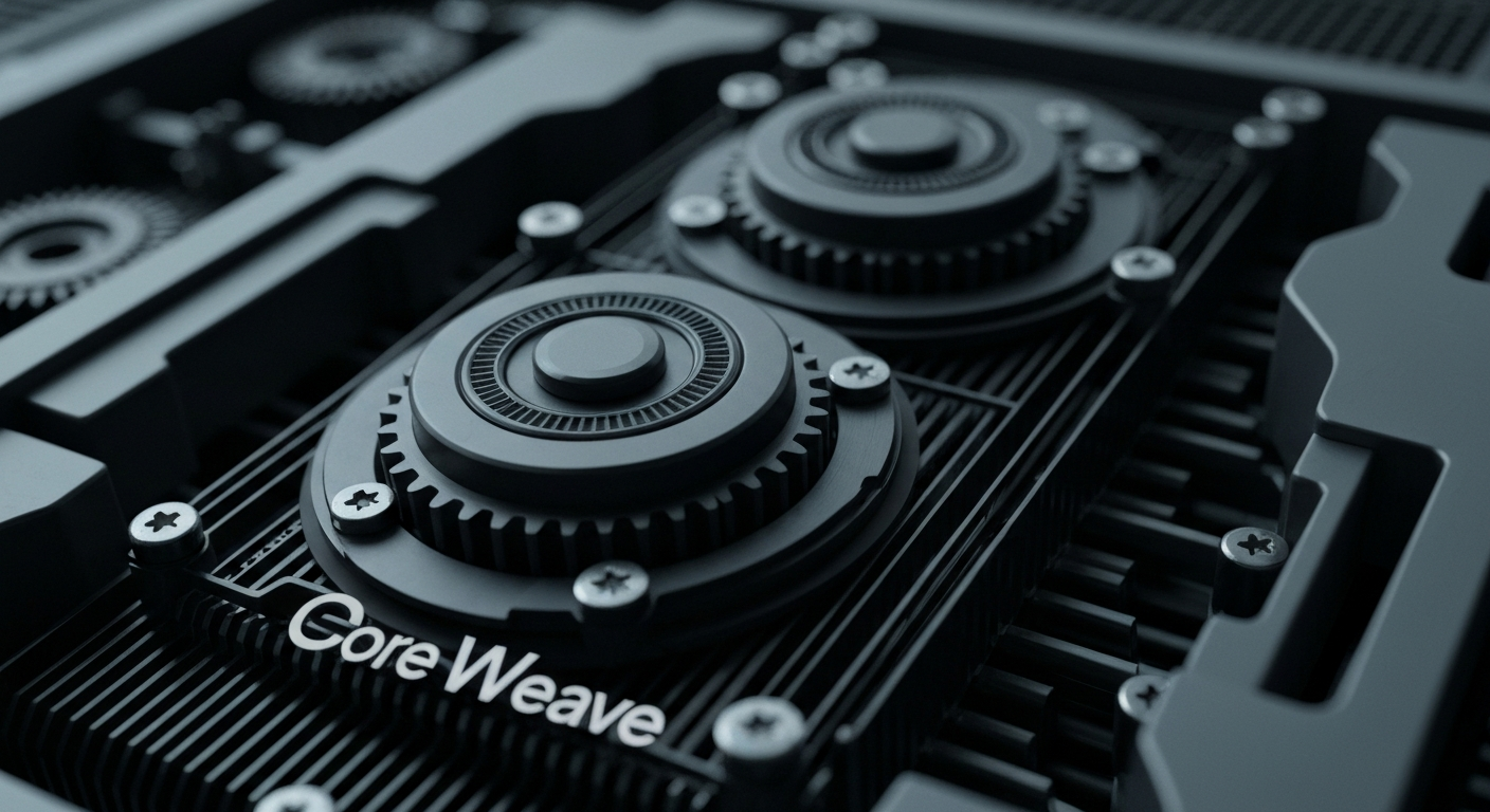 A highly detailed, black-and-white close-up photograph of the inner workings of a powerful GPU server, with gears, fans, and other industrial components filling the frame, conveying the robust and complex nature of CoreWeave's cloud computing technology.