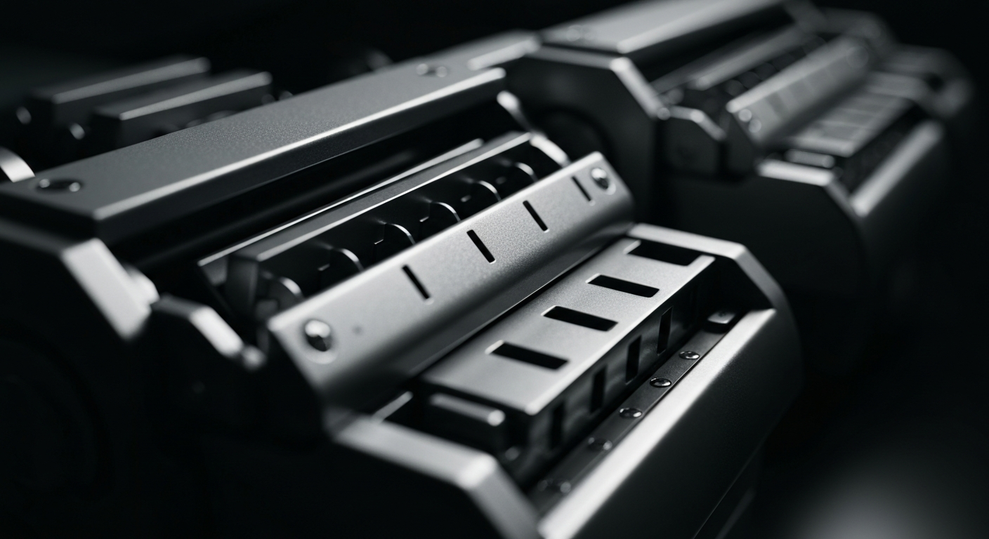 An extreme close-up of intricate, heavily textured industrial machinery and components in shades of grey, representing the complex financial infrastructure behind a major technology firm.