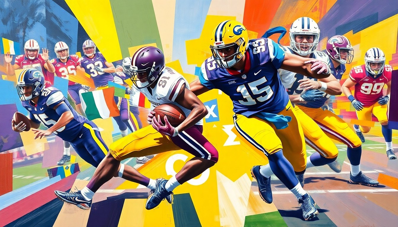 A cubist, geometric painting depicting the silhouettes of football players in motion, with the sharp planes and angles representing the competitive nature of the recruiting process between the two schools.
