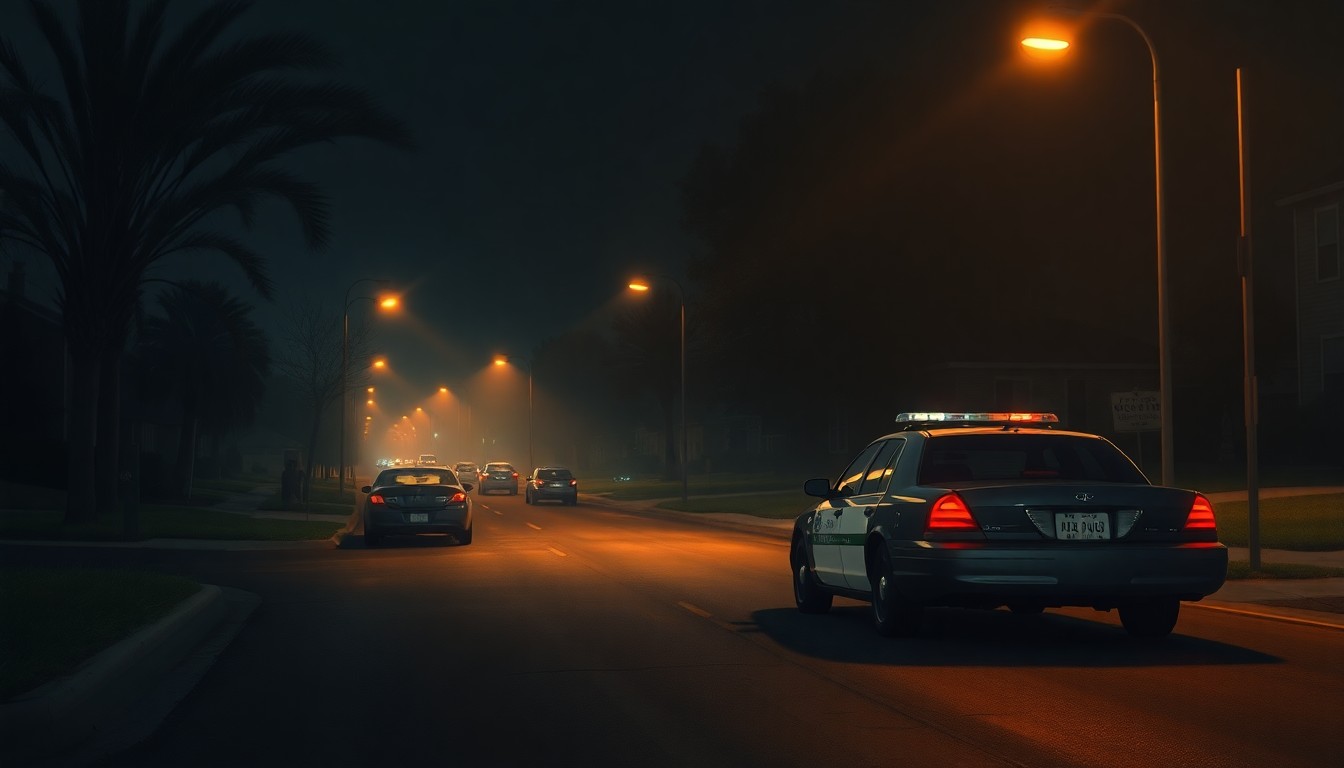 A cinematic painting of a lone police car parked on a dimly lit suburban street at night, the warm glow of streetlights casting deep shadows, capturing the somber mood of a routine encounter gone wrong.