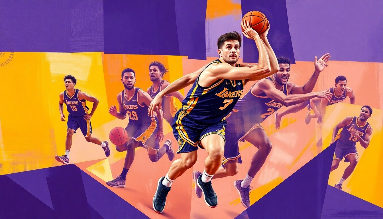 A cubist, geometric painting depicting the fragmented movements of a basketball player in Lakers colors, representing the team's playoff positioning and Luka Doncic's injury.