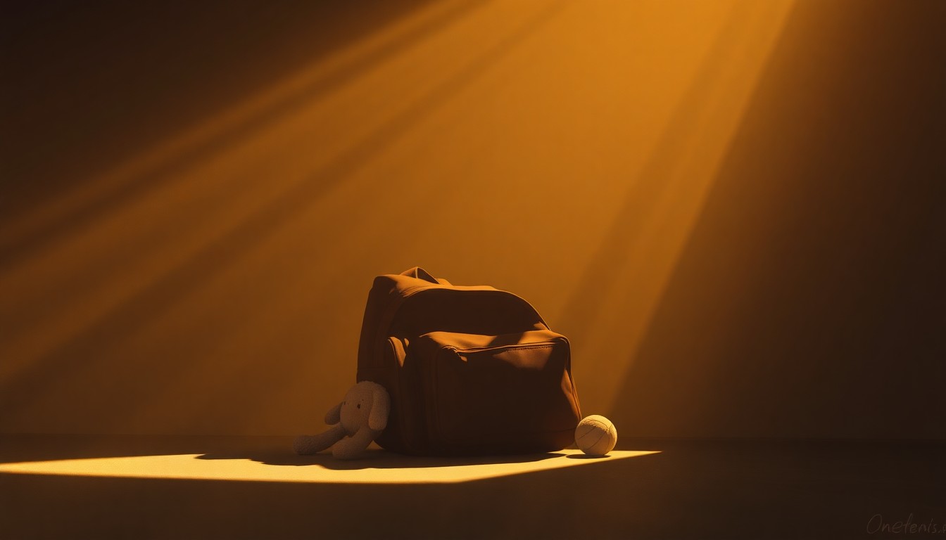 A close-up painting of a child's stuffed animal or backpack sitting alone in a warm, sunlit room, conveying the emotional impact of family separation due to immigration enforcement actions.