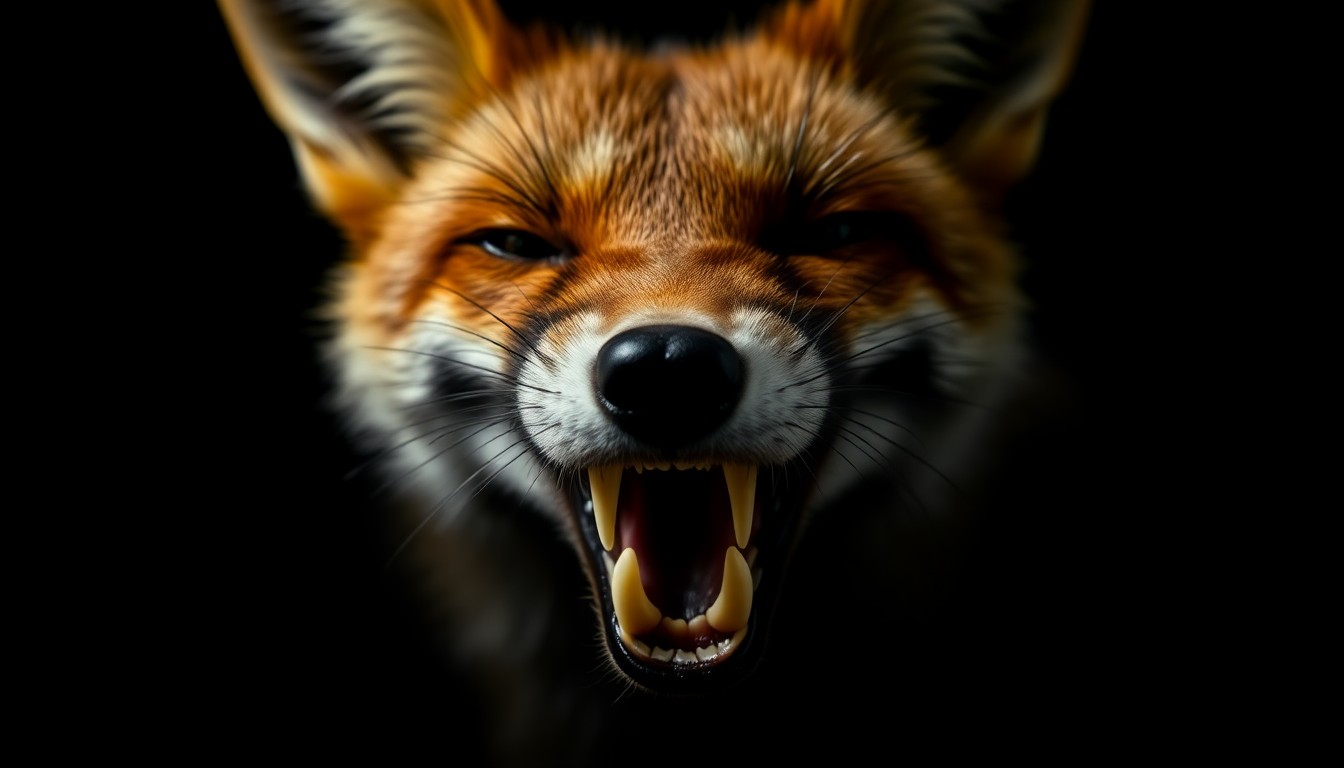 An extreme close-up photograph of a fox's sharp teeth and claws against a pitch-black background, creating a stark, gritty, investigative aesthetic.