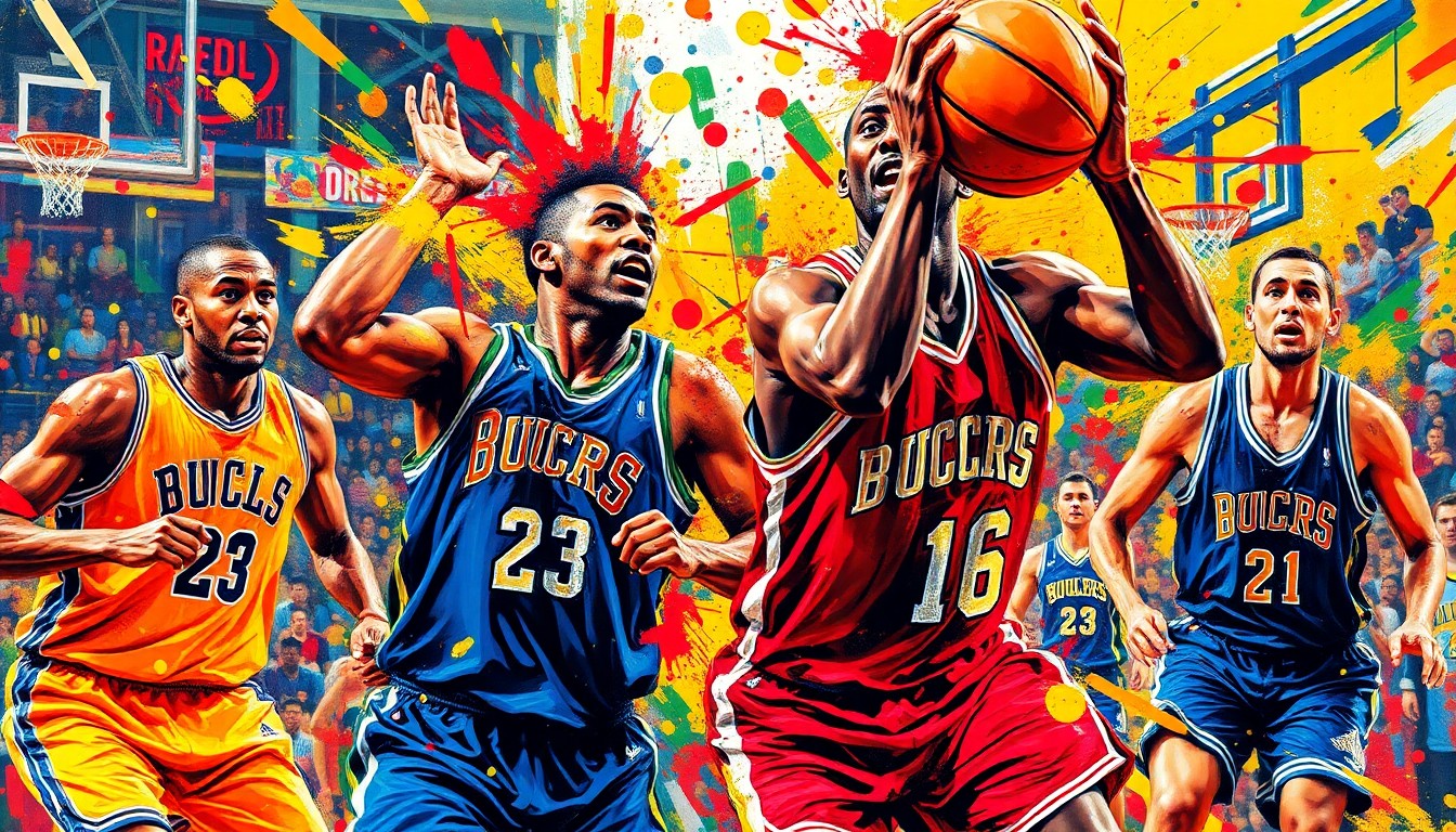 An abstract, energetic painting featuring bold, expressive brushstrokes in vibrant neon colors, capturing the intensity and motion of a basketball game.