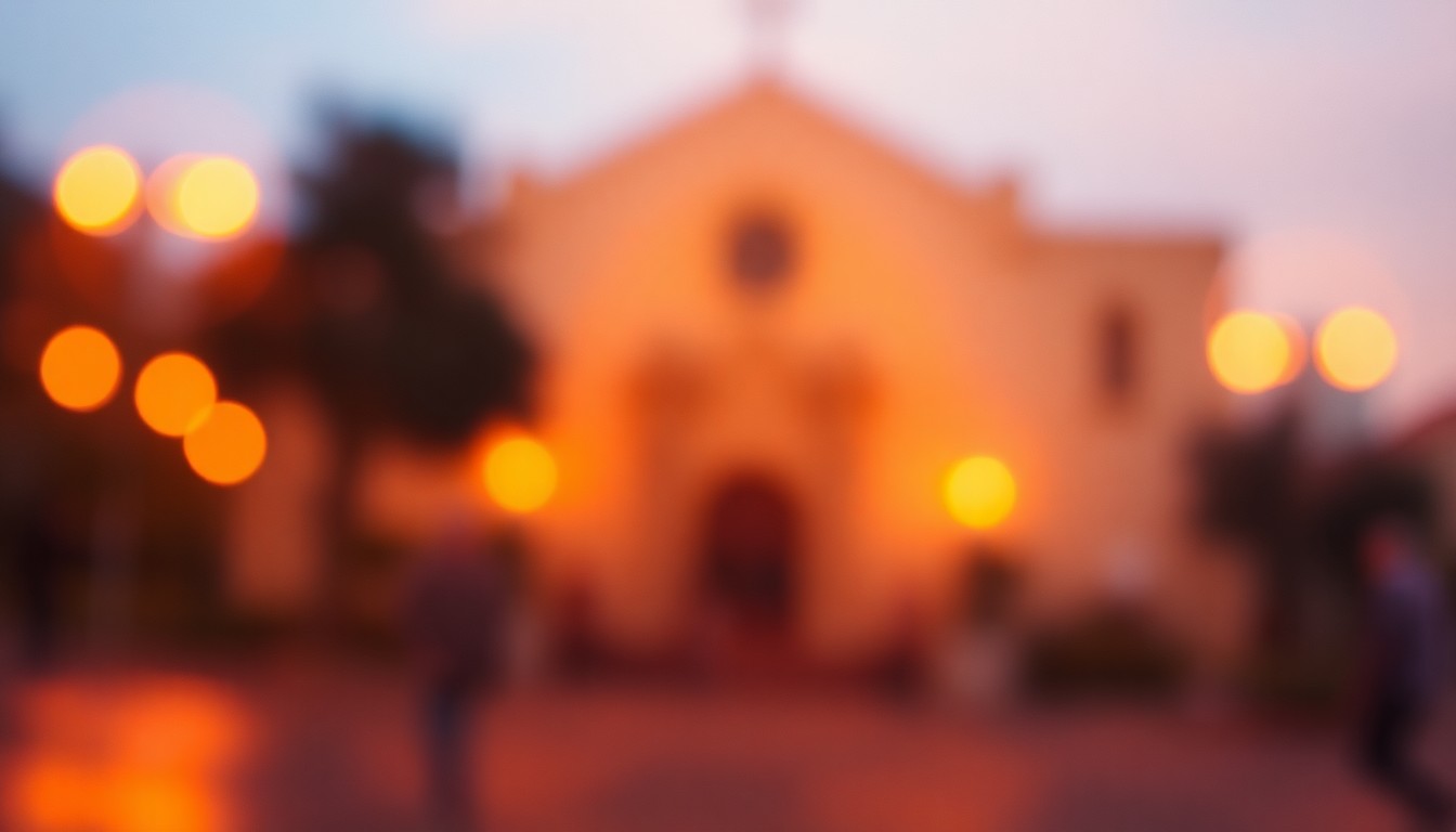 An abstract, out-of-focus photograph in warm, soft tones depicting the blurred outline of a historic mission building, conveying a sense of reverence and timelessness.