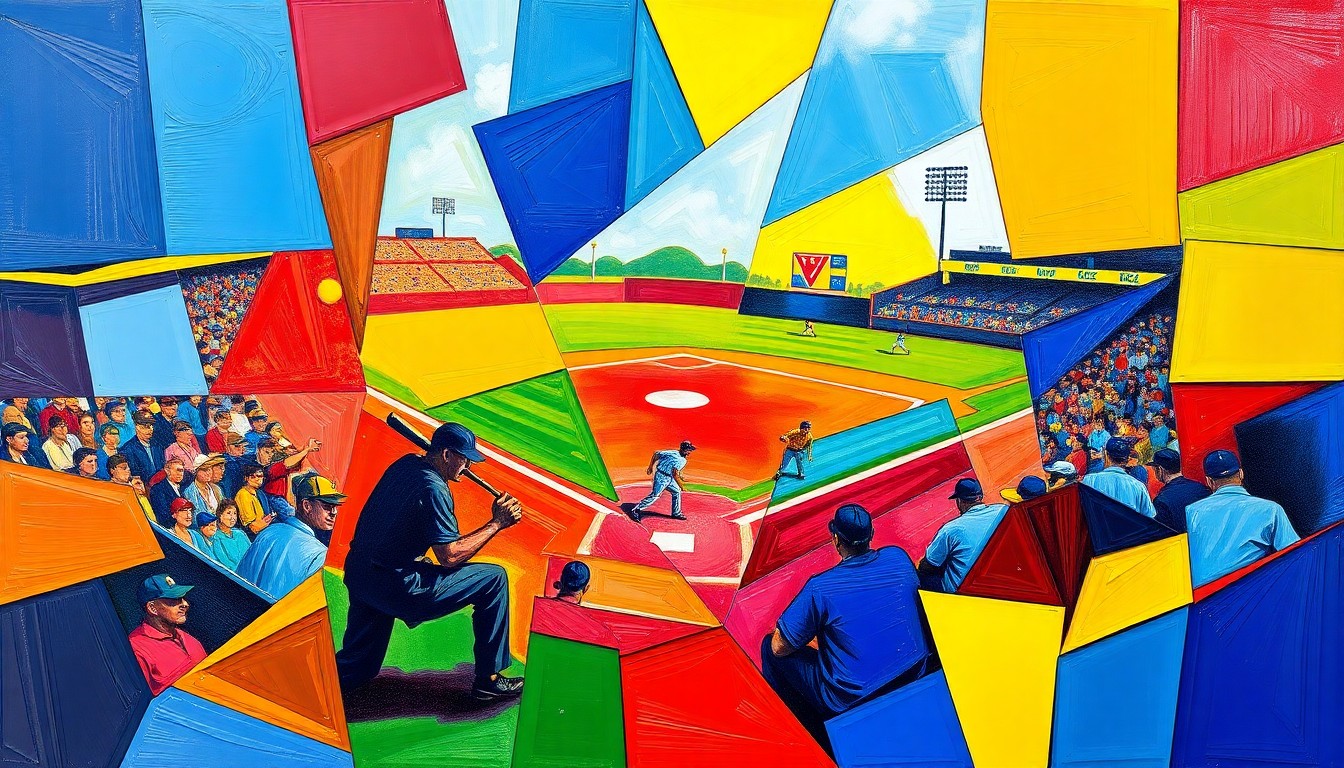 A fragmented, geometric painting in bold primary colors depicting the dynamic movements and energy of a baseball or softball game, with players and equipment deconstructed into sharp, overlapping shapes.