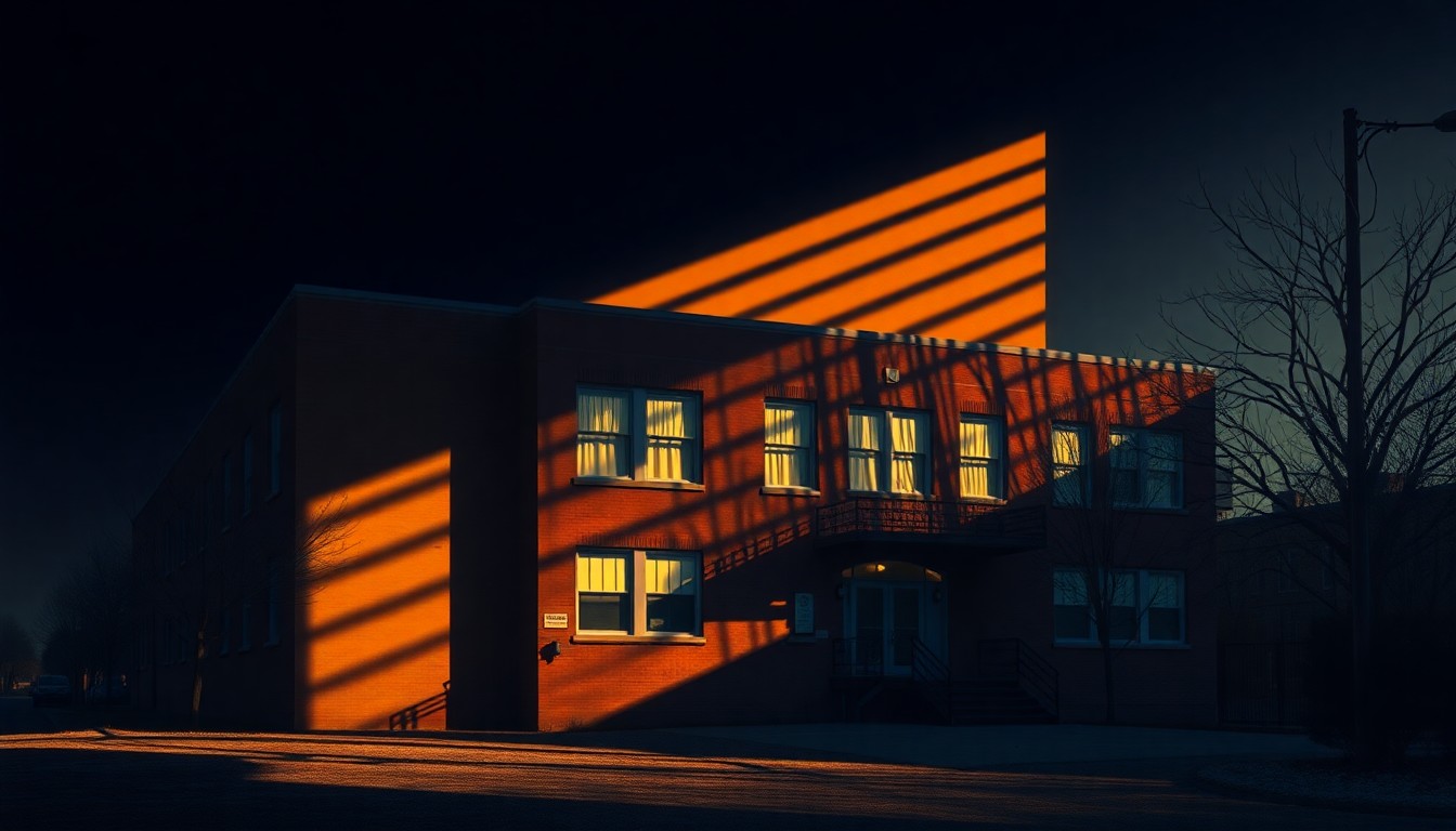 A serene, cinematic painting of an educational institution in Astoria, Oregon, with warm lighting and deep shadows, capturing the mood of the congresswoman's community visit.