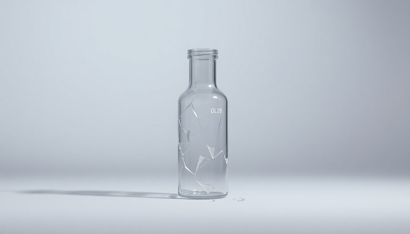 A photorealistic studio still-life image of a shattered glass vial or beaker, symbolizing the legal and financial challenges facing Ultragenyx Pharmaceutical as it navigates a class action lawsuit from investors.