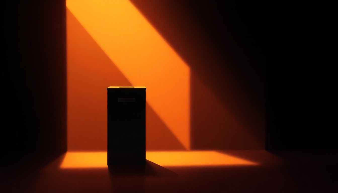 A photorealistic painting of an old metal ballot box sitting alone on a wooden table, with warm sunlight streaming in through a window and casting deep shadows across the scene, conveying a sense of quiet contemplation around the electoral process.