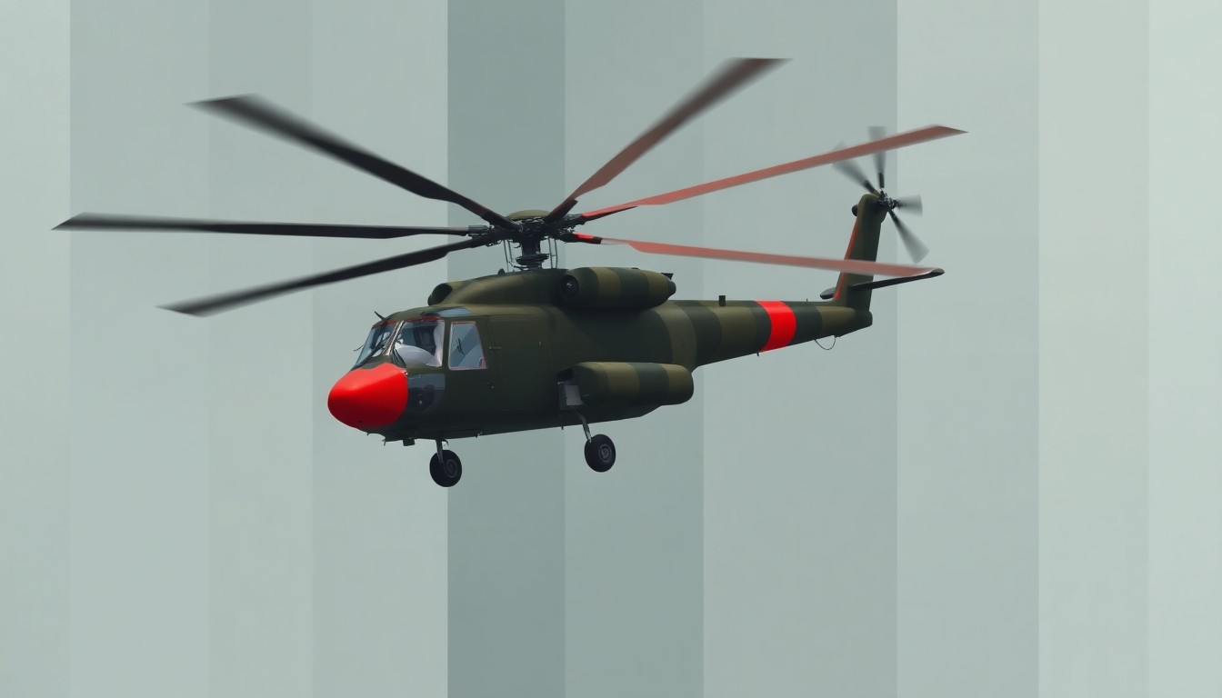 A dynamic, abstract painting depicting a military helicopter in flight, its form fractured and repeated in overlapping geometric shapes in shades of gray, green, and red, conveying a sense of motion and conflict.
