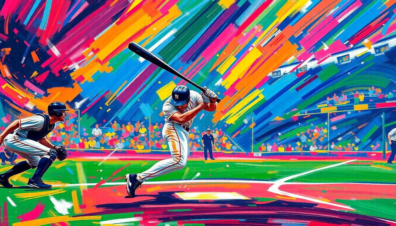 An abstract, expressionist painting in neon colors depicting the dynamic motion and energy of a baseball game, capturing the excitement of the Pirates' home opener win.