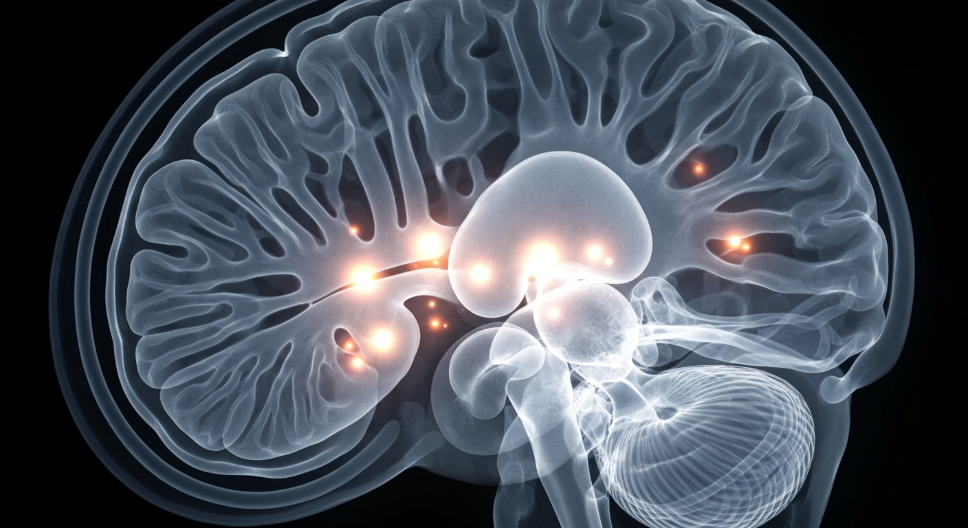 A highly detailed, translucent X-ray photograph showing the intricate internal structure of a developing brain, with glowing neural pathways and thalamic regions highlighted, conceptually illustrating the genetic and developmental mechanisms behind childhood epilepsy.