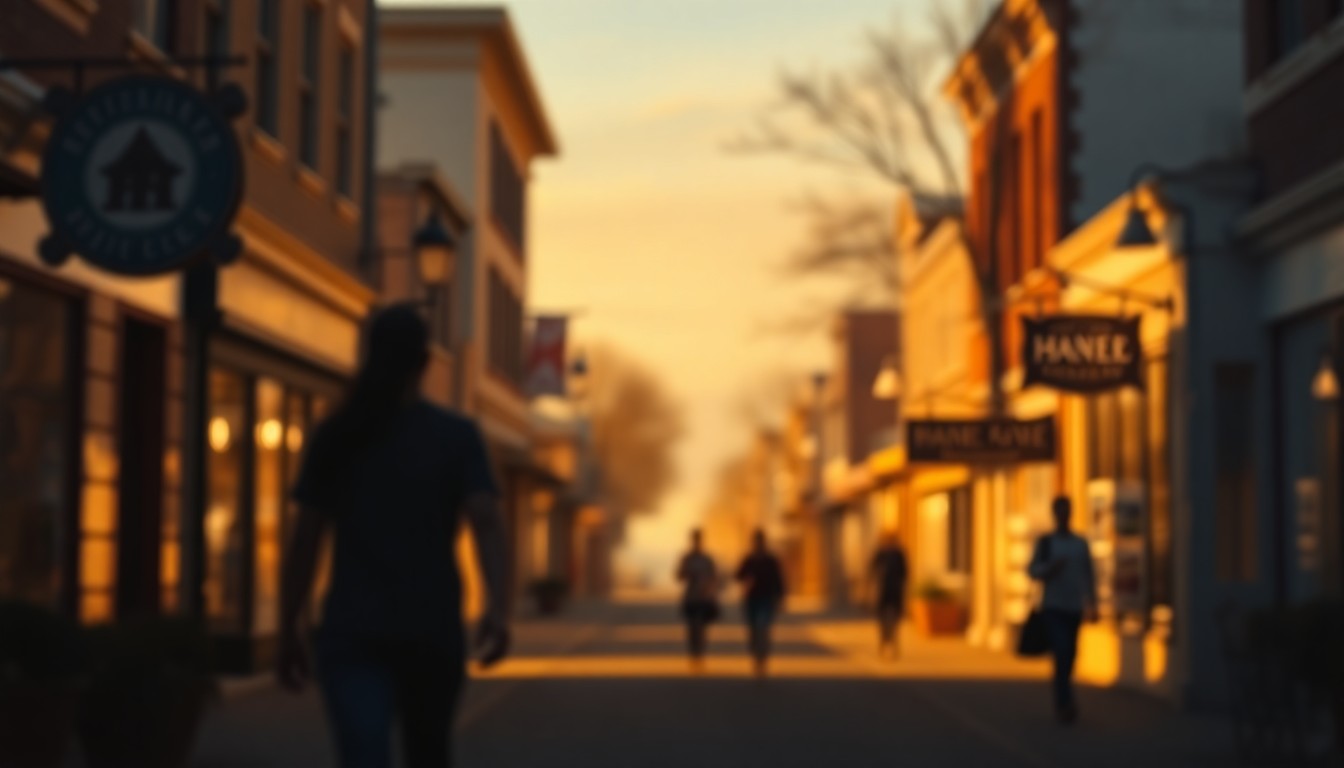 An extremely abstracted, out-of-focus photograph shot through condensation or rain-streaked glass, composed of a soft, warm, and hazy scene of a small-town main street, with blurred silhouettes of people and storefronts in the background, conceptually representing the close-knit community of Glasgow, Missouri.