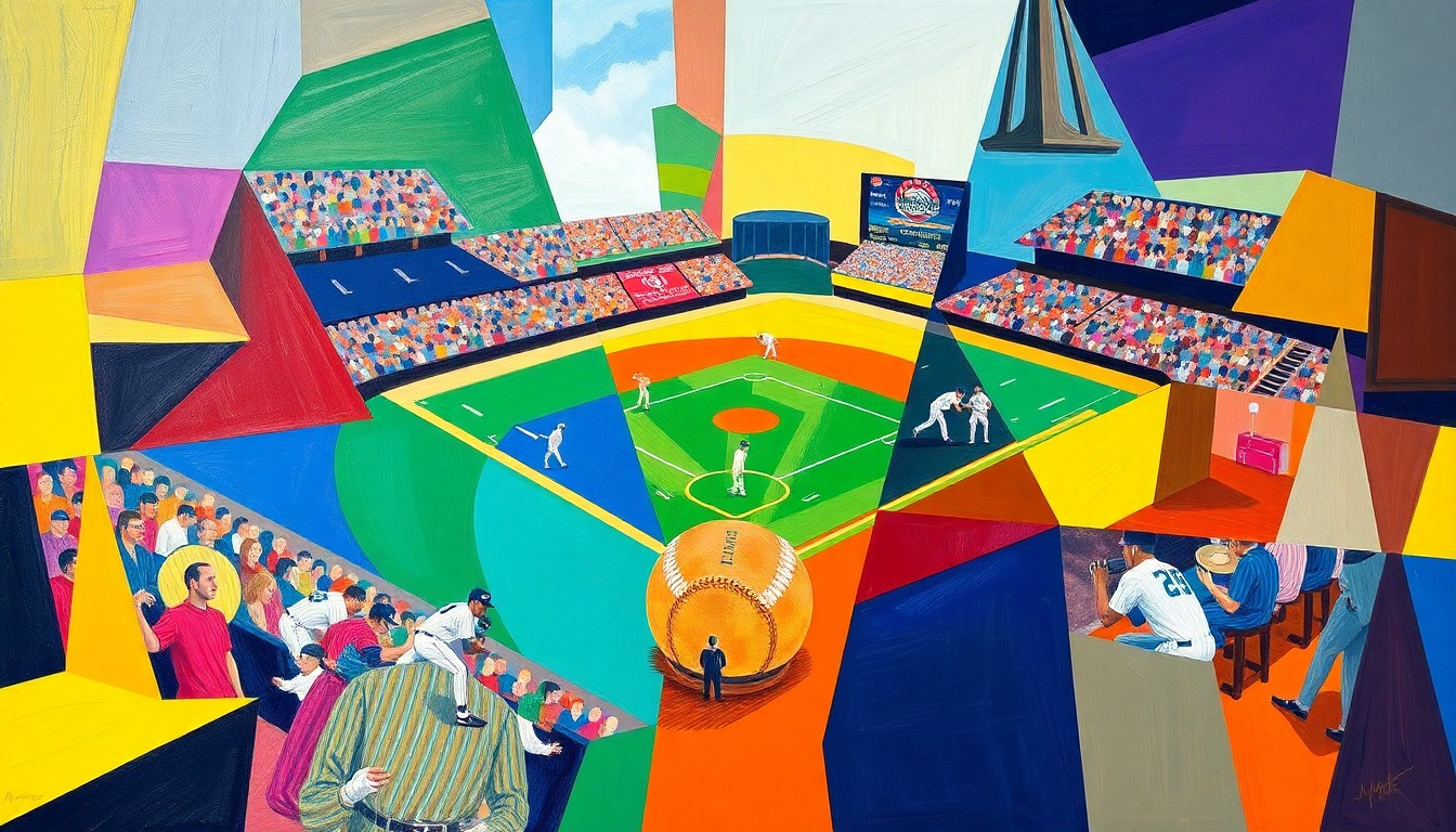 A cubist, geometric painting featuring overlapping planes of bright blues, greens, and reds, conceptually representing the dynamic, high-scoring nature of the Brewers' offense.