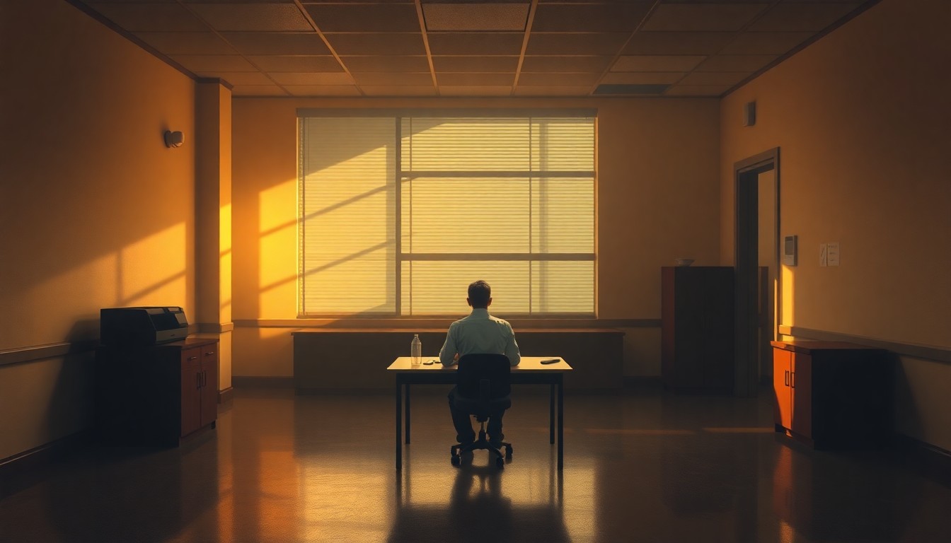 A solitary worker sits alone at a desk in an empty government office, the space bathed in warm, diagonal sunlight and deep shadows, capturing a sense of quiet contemplation around the evolving landscape of worker rights legislation.