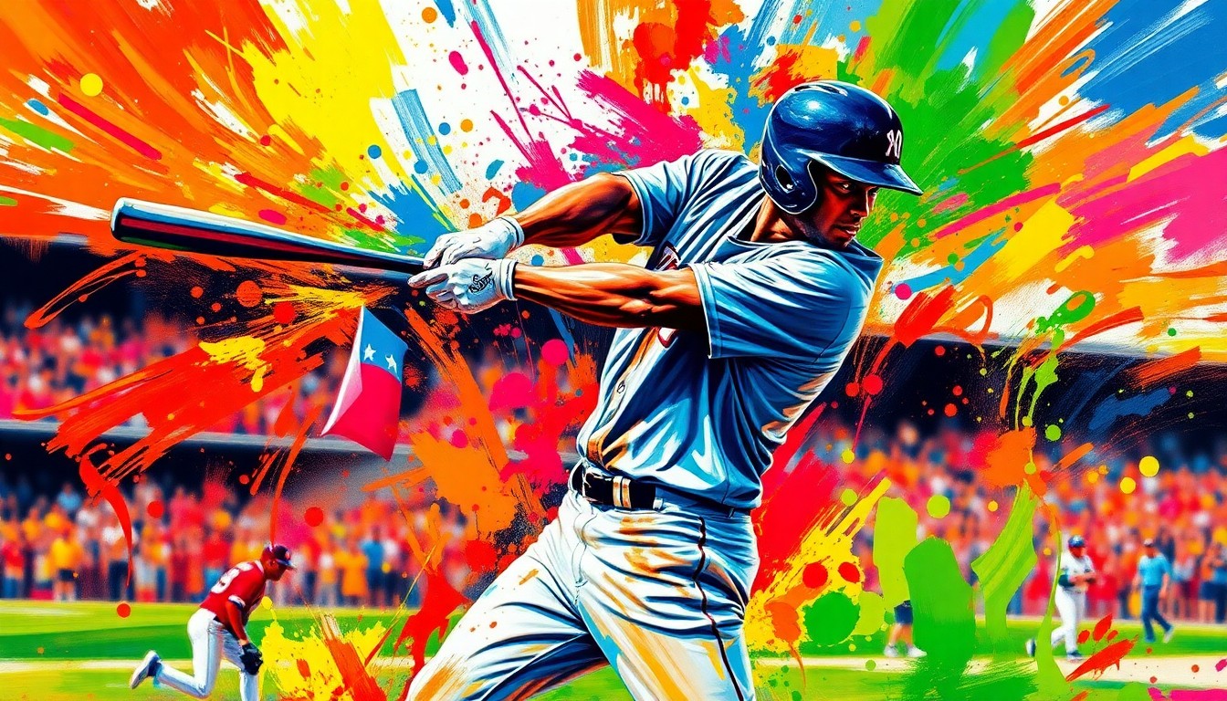An extreme close-up of a baseball player's powerful swing, with the batter's face and uniform details dissolved into vibrant, expressionist brushstrokes of neon colors, conceptually illustrating the raw power and excitement of a first professional home run.