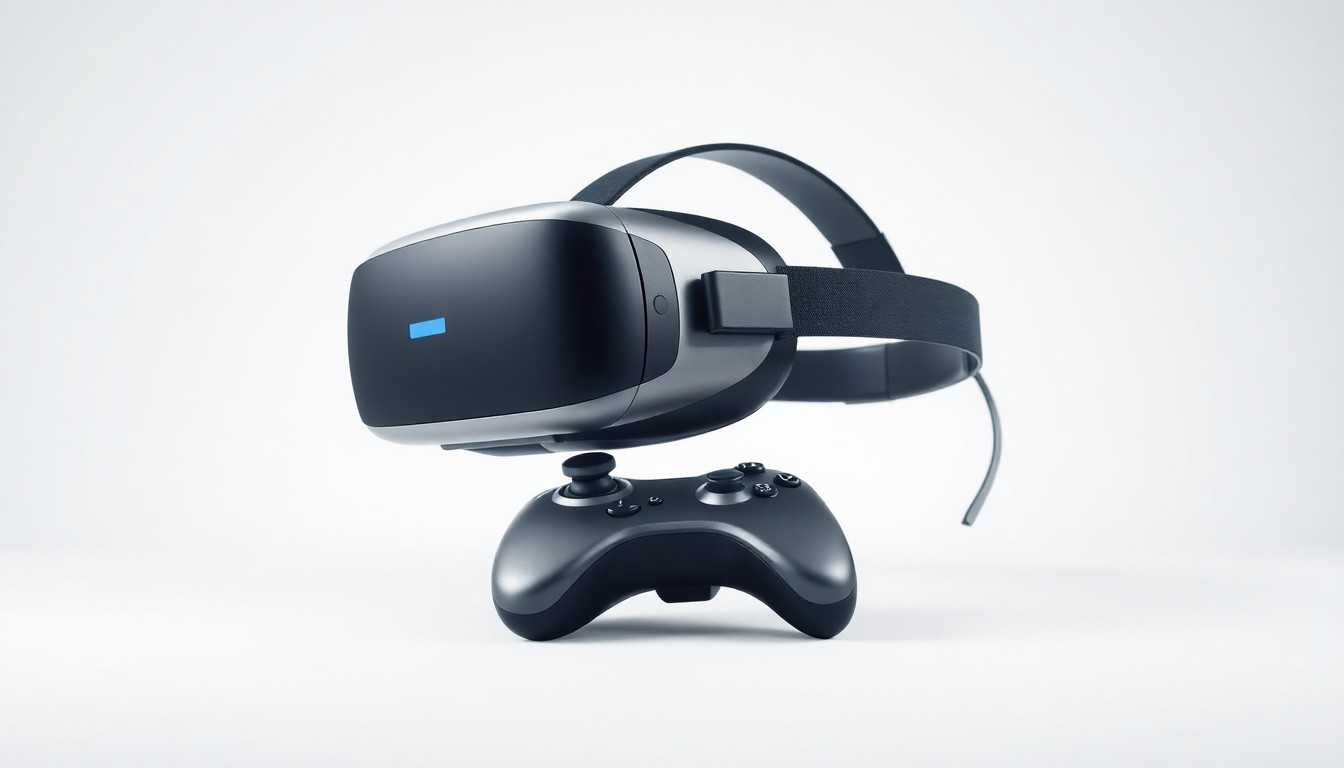 A photorealistic studio still life featuring a sleek, metallic virtual reality headset and controller floating on a clean white background, symbolizing the abstract concepts of corporate strategy and technology innovation.