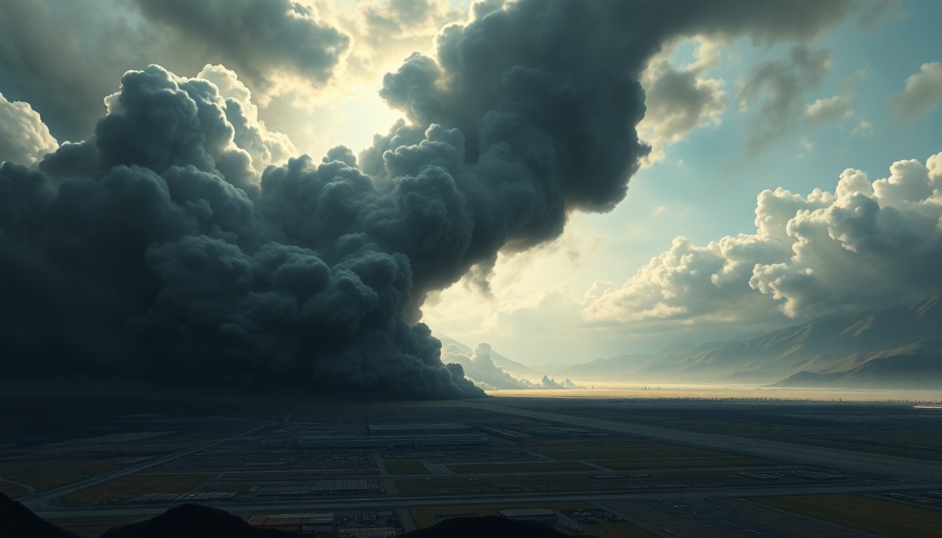 A vast, majestic landscape painting depicting a massive, billowing plume of dark smoke rising from the cargo area of San Francisco International Airport, dwarfing the airport structures and casting an ominous shadow over the surrounding landscape. The composition uses deep atmospheric perspective and dramatic backlighting to capture the mood of the emergency situation.