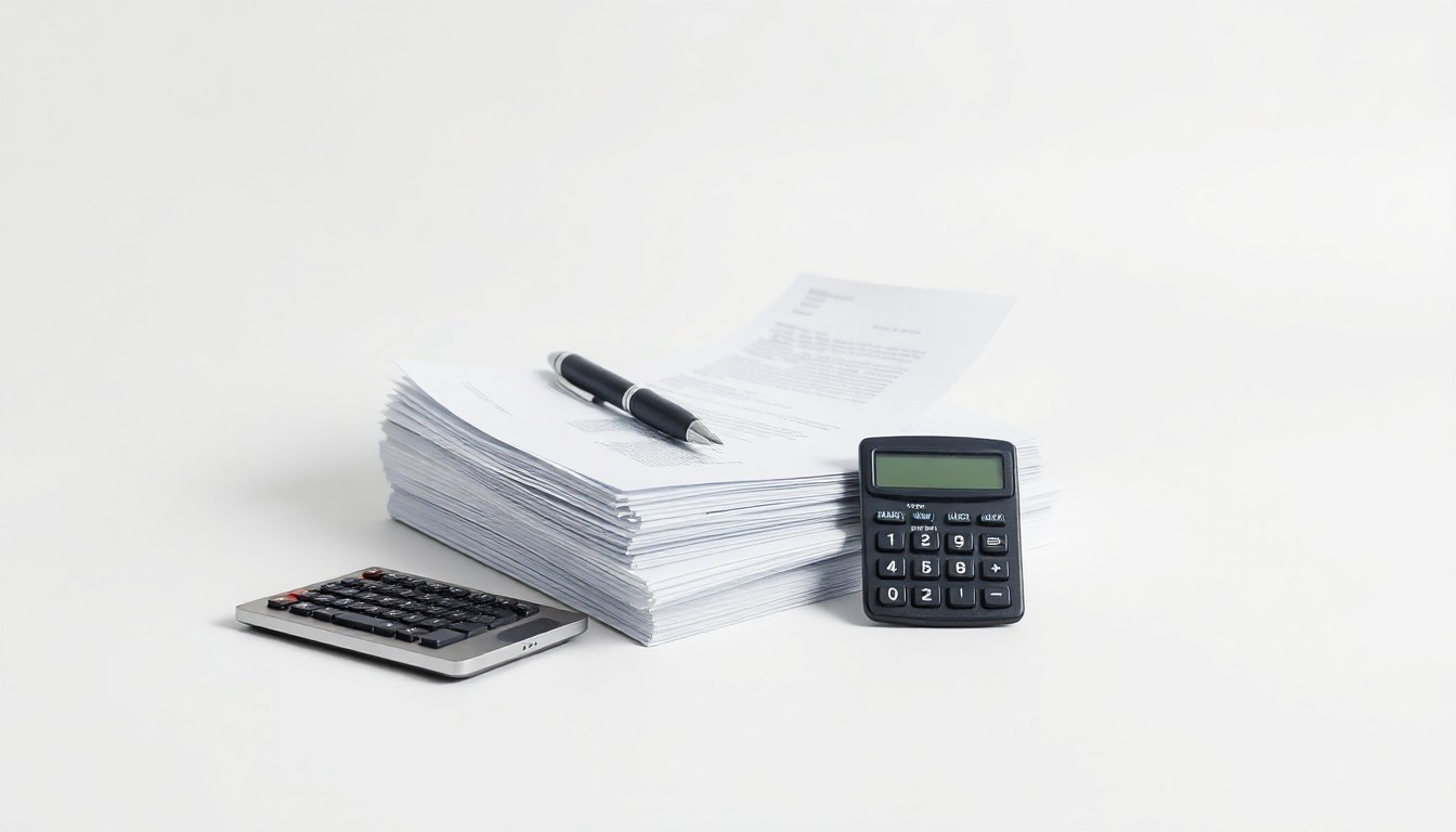 A photorealistic studio still-life image featuring a stack of legal documents, a pen, and a calculator arranged on a clean, monochromatic background, symbolizing the abstract concepts of corporate governance and shareholder rights.