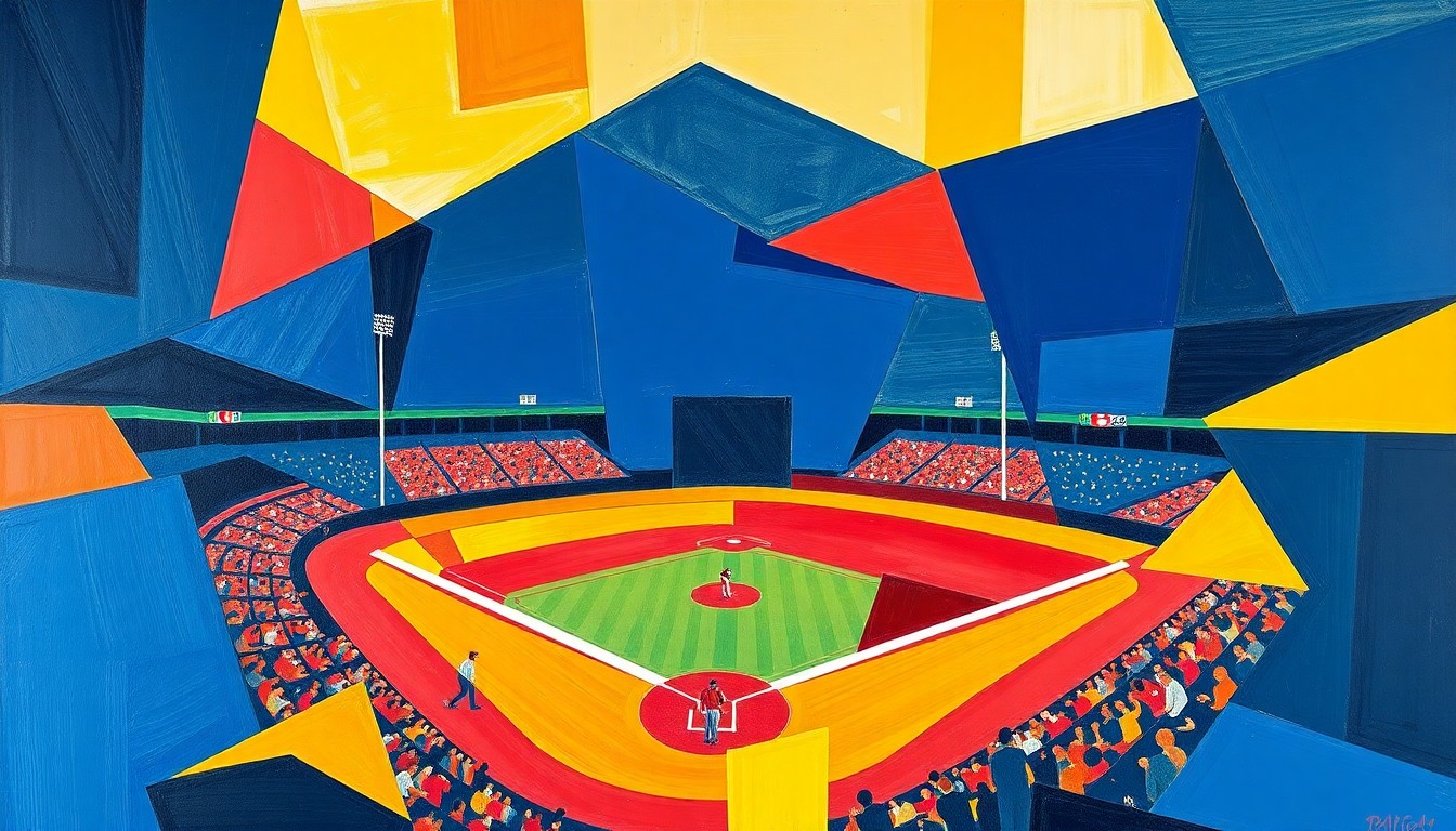 A cubist-style painting depicting a baseball game broken down into sharp, overlapping geometric shapes and planes in a vibrant color palette, conveying the energy and dynamism of the Belmont baseball team's dominant performance.