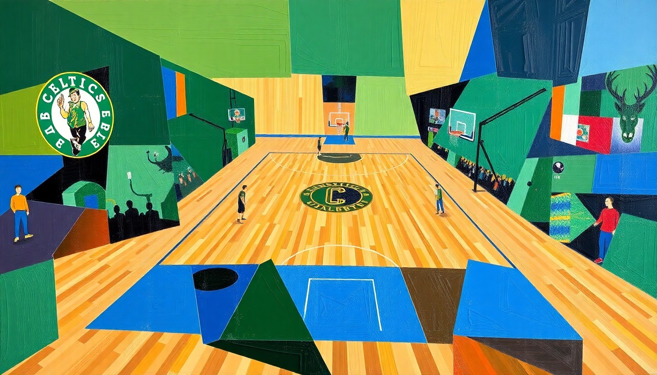 A cubist, geometric painting depicting a basketball game, with sharp, overlapping planes of green, blue, and brown representing the players, court, and arena.