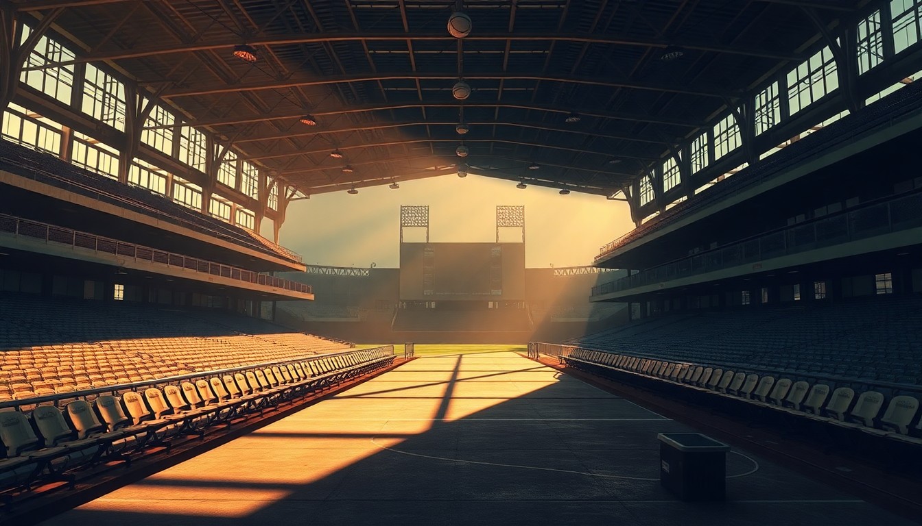 A serene, cinematic painting of an empty baseball stadium concourse, with warm sunlight casting long shadows and a melancholic mood, conveying the tension between politics and sports.