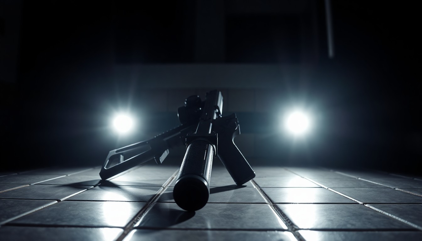 An extreme close-up of a police officer's service weapon on a tiled bathroom floor, the harsh lighting and stark black background creating a gritty, investigative aesthetic that conceptually illustrates the accidental shooting incident.