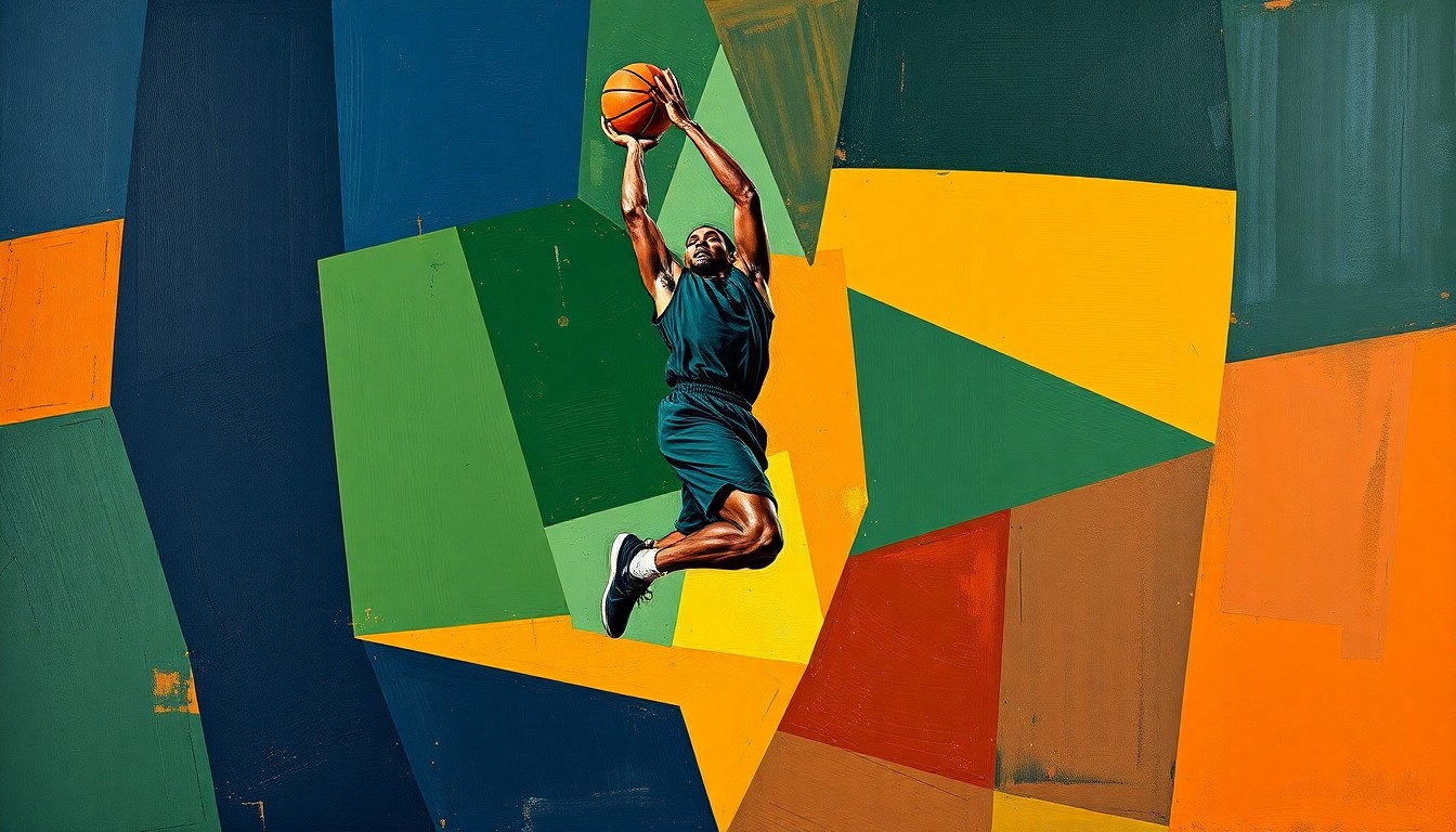 A fragmented, geometric painting depicting a basketball player in mid-jump shot, with sharp planes of navy, green, and orange conveying the dynamic movement and energy of the sport.