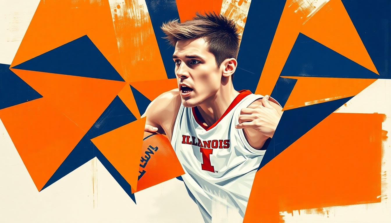 A cubist, geometric painting depicting a basketball player in motion, with the court and players fragmented into sharp, overlapping planes of orange, blue, and white, conceptually representing the energy and skill of Andrej Stojaković's play.