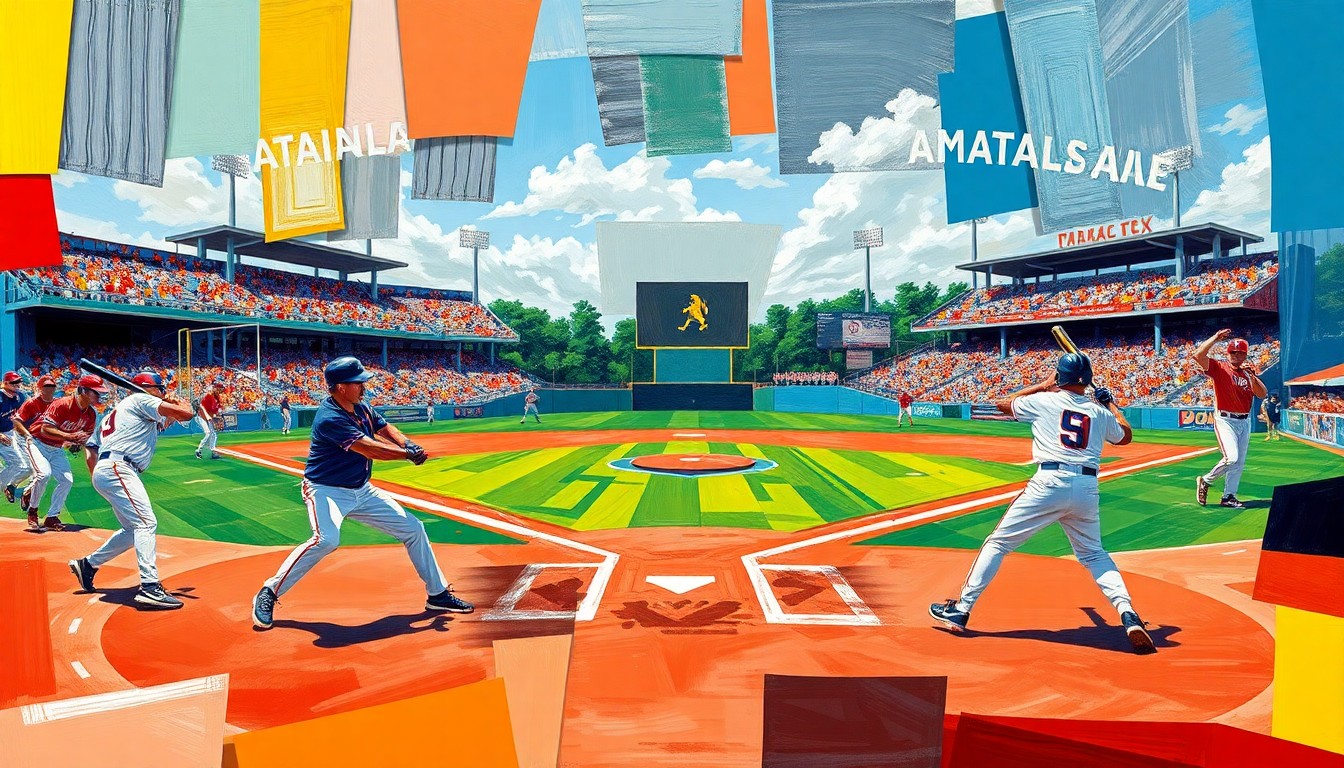 A fragmented, cubist-style painting depicting a high school baseball game, with players, the field, and equipment broken down into sharp, overlapping geometric shapes in a vibrant color palette.