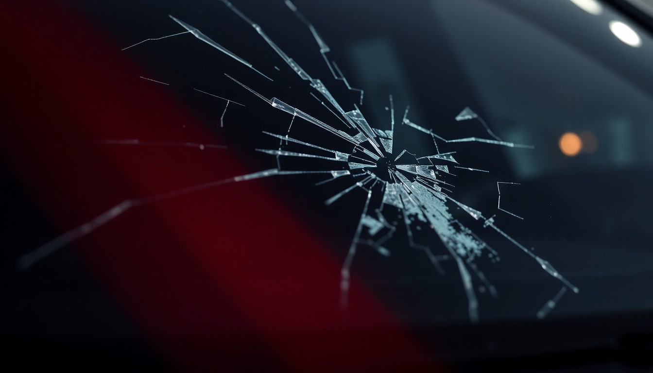 An extreme close-up of a cracked and shattered car windshield, with the reflective surface creating a sense of tension and conflict, conceptually representing the themes of the Lincoln Lawyer TV series.