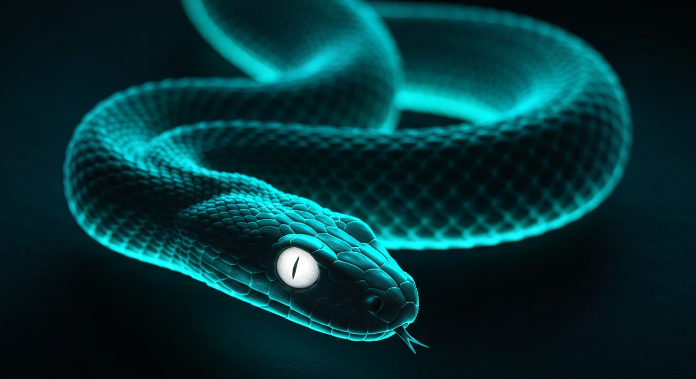 A minimalist, glowing neon outline of a coiled rattlesnake against a dark background, emphasizing the snake's shape and energy.