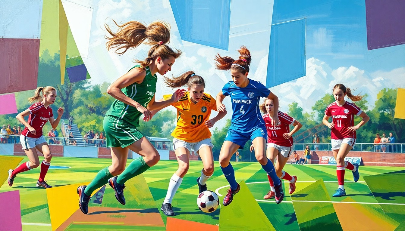 A cubist, geometric painting depicting the dynamic movements and energy of a high school girls' soccer game, with the players' uniforms and the field breaking down into sharp, overlapping planes of color.