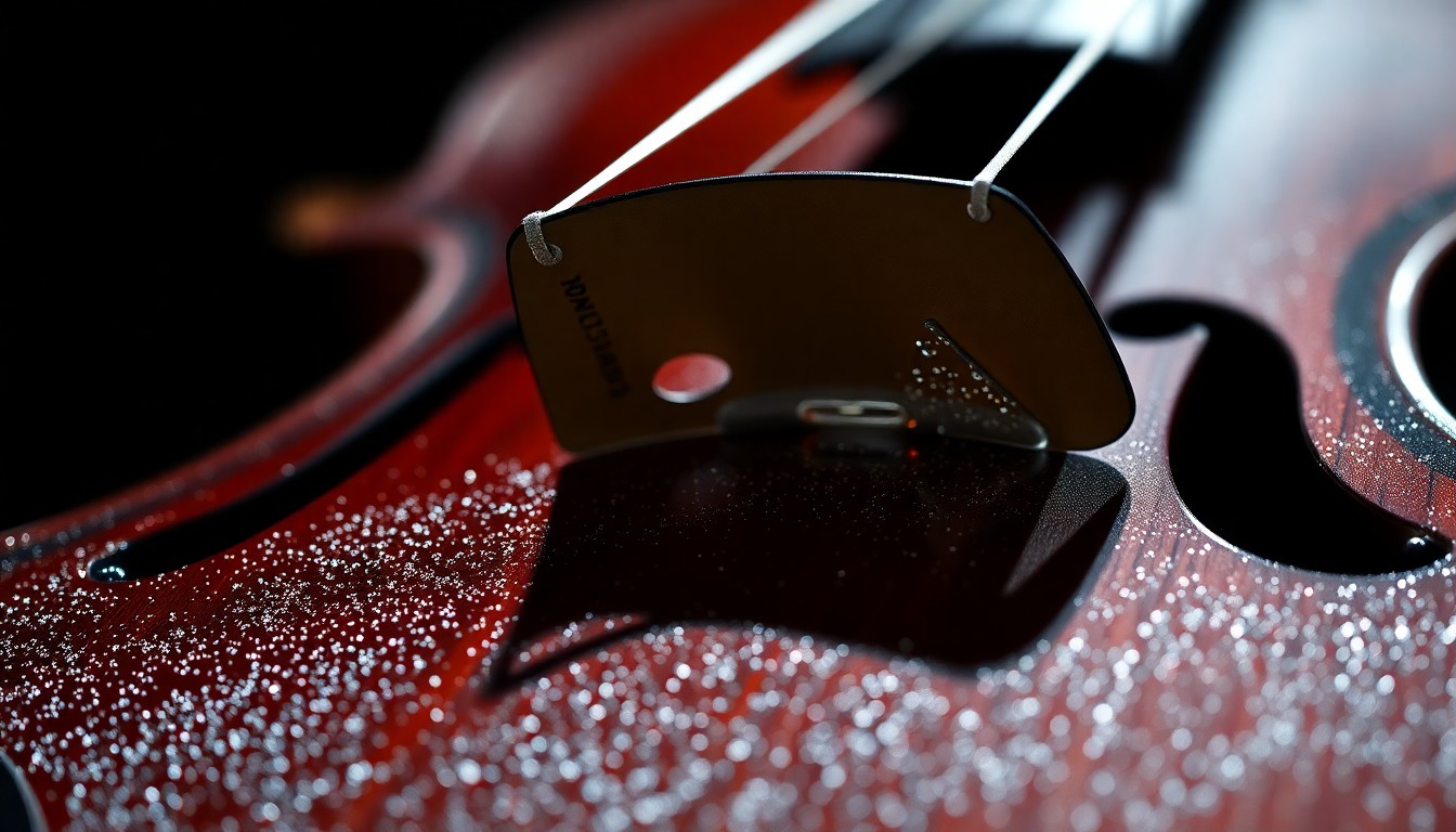 An abstract, high-contrast close-up photograph of a glittering, textured violin string, representing the elegant and dramatic musical contributions of Suki Lahav.