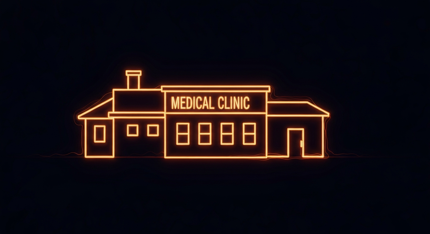 A vibrant neon outline of a rural medical clinic, the lines glowing with a sense of energy and purpose against a dark background, conceptually representing the health system's efforts to improve access and quality of care in outlying areas.