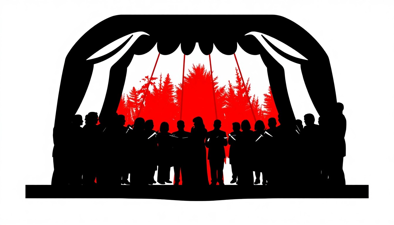 An abstract illustration using bold, jagged black silhouettes and high-contrast solid colors to represent the powerful choral performance of the Chester River Chorale at an international music festival.