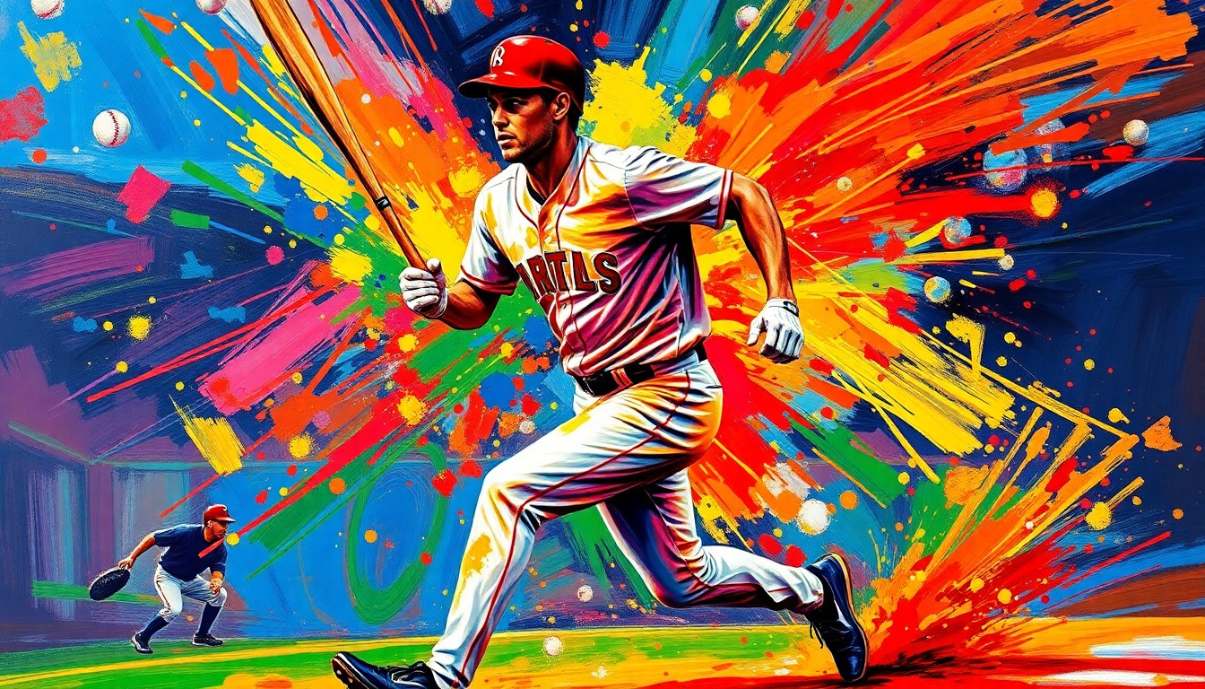 An abstract, expressionist painting in vibrant neon colors depicts the dynamic motion of a baseball player rounding the bases, with the player's features dissolving into a blur of brushstrokes.