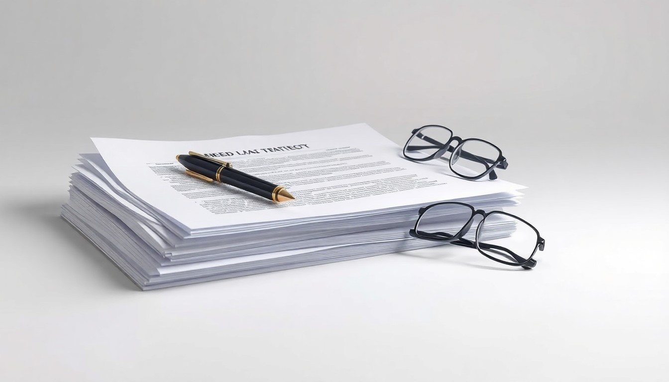 A minimalist studio still life photograph featuring a stack of legal documents, a pen, and a pair of reading glasses arranged elegantly on a clean, monochromatic background, conceptually representing the abstract corporate strategy and legal battles surrounding the Ueberroth family trust.