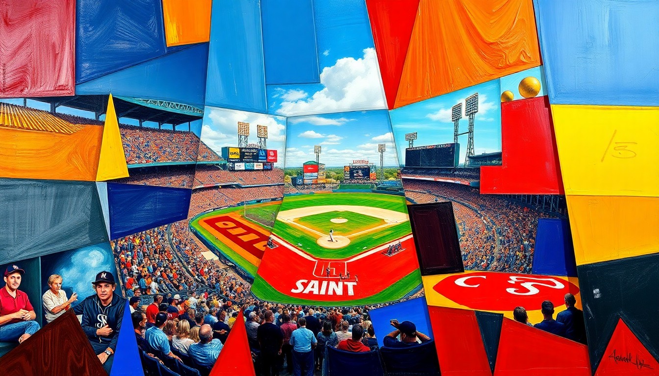 A cubist, geometric painting depicting a baseball game in motion, with fragmented shapes and overlapping planes of vivid colors representing the dynamic action on the field.