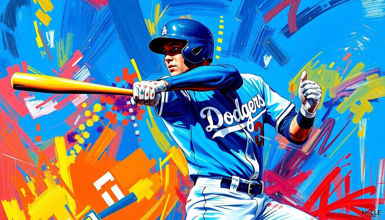 A dynamic, expressionist painting in neon blues, greens, and oranges depicting the powerful swing and motion of a baseball player batting, capturing the raw energy and excitement of the sport.