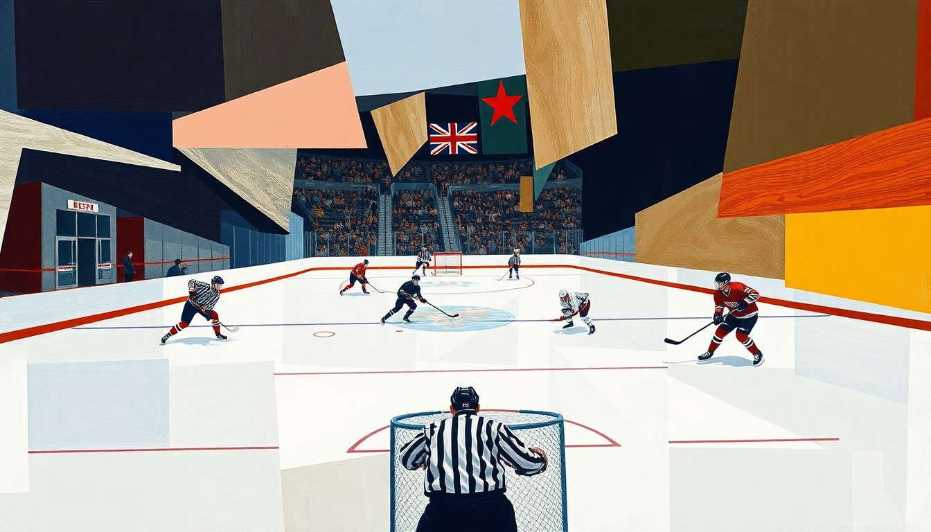A cubist, geometric illustration depicting a hockey game, with players and the puck fragmented into sharp, overlapping shapes and planes, conveying the chaotic energy and back-and-forth action of the sport.