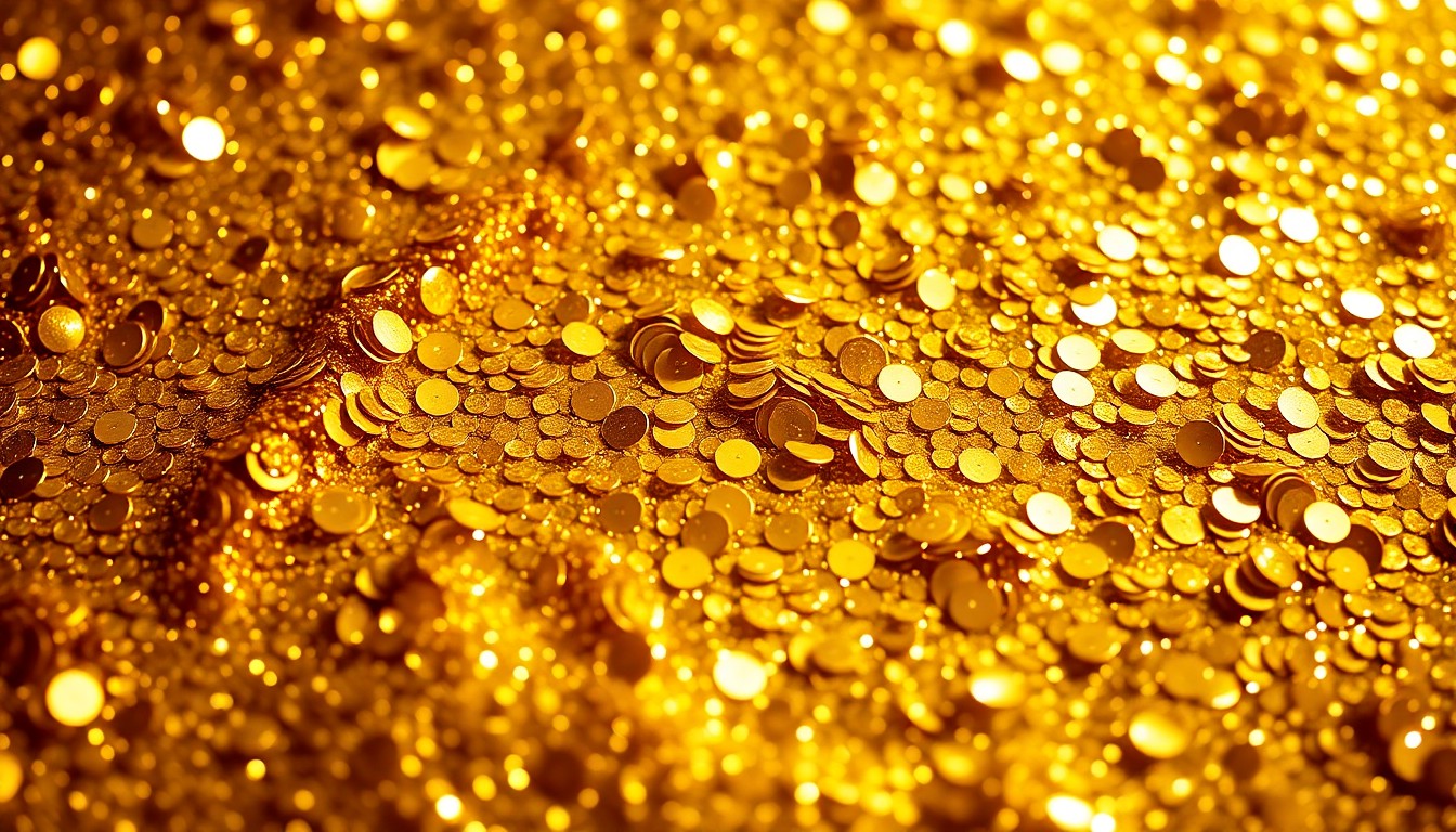An extreme close-up of shimmering, glittering gold sequins arranged in an abstract, high-contrast pattern, evoking the glamour and artistry of Hollywood.